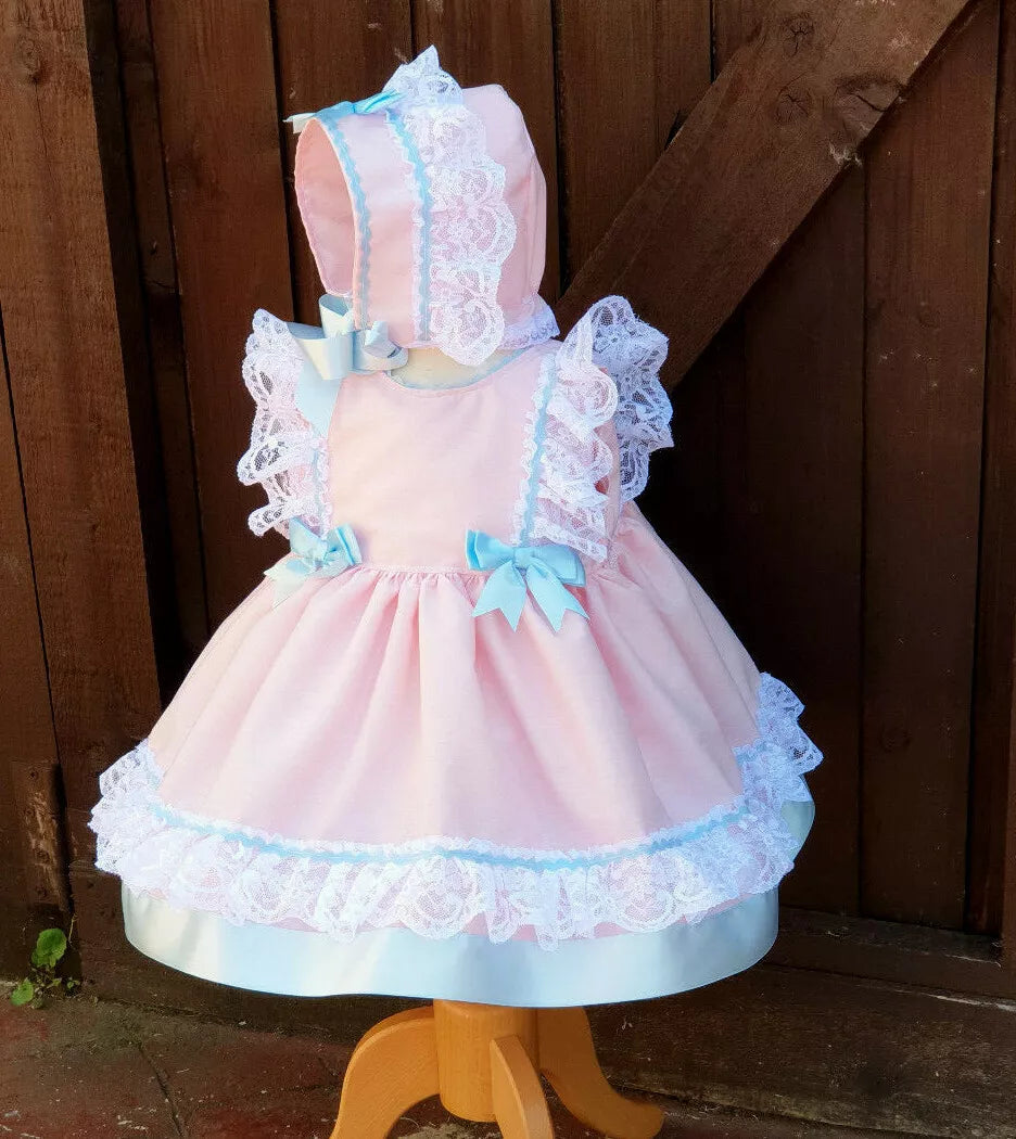 DREAM 0-6 YEARS PINK WHITE SKY  NETTED  DRESS BONNET SOCKS SEt
