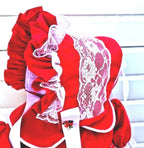 DREAM 0-5 years baby girl frilly traditional lined red white xmas  lined bonnet