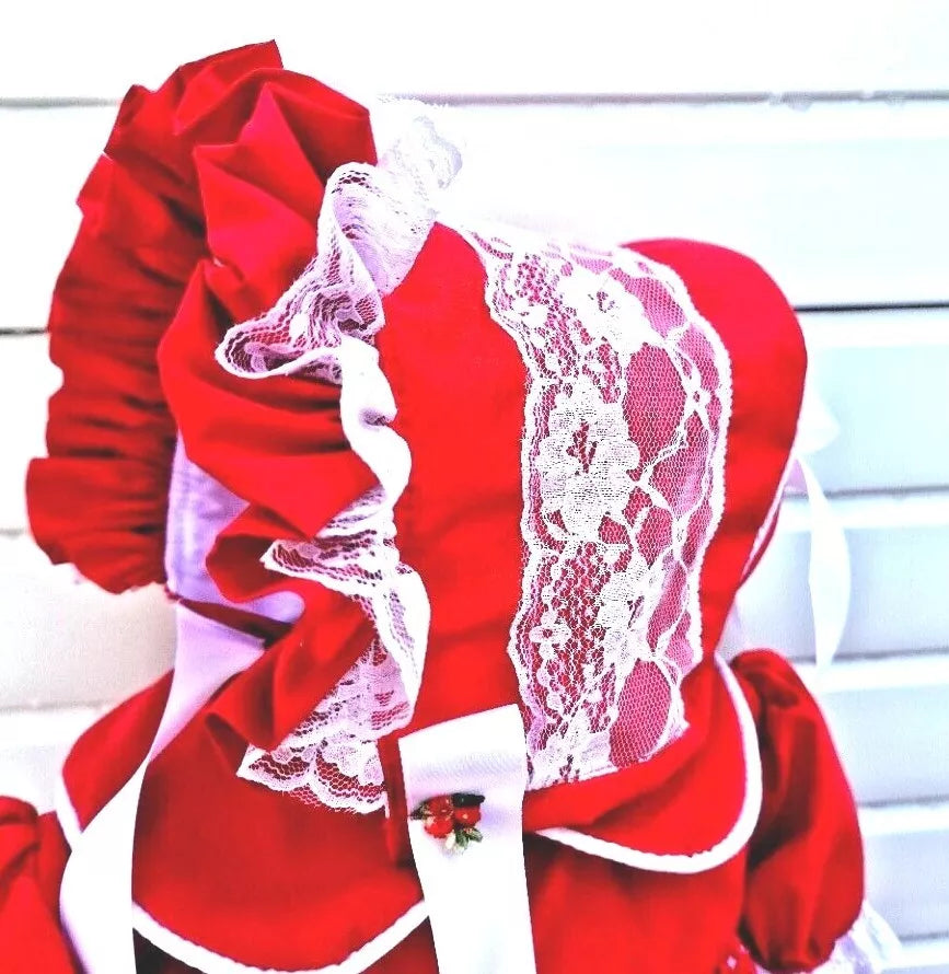 DREAM 0-5 years baby girl frilly traditional lined red white xmas  lined bonnet