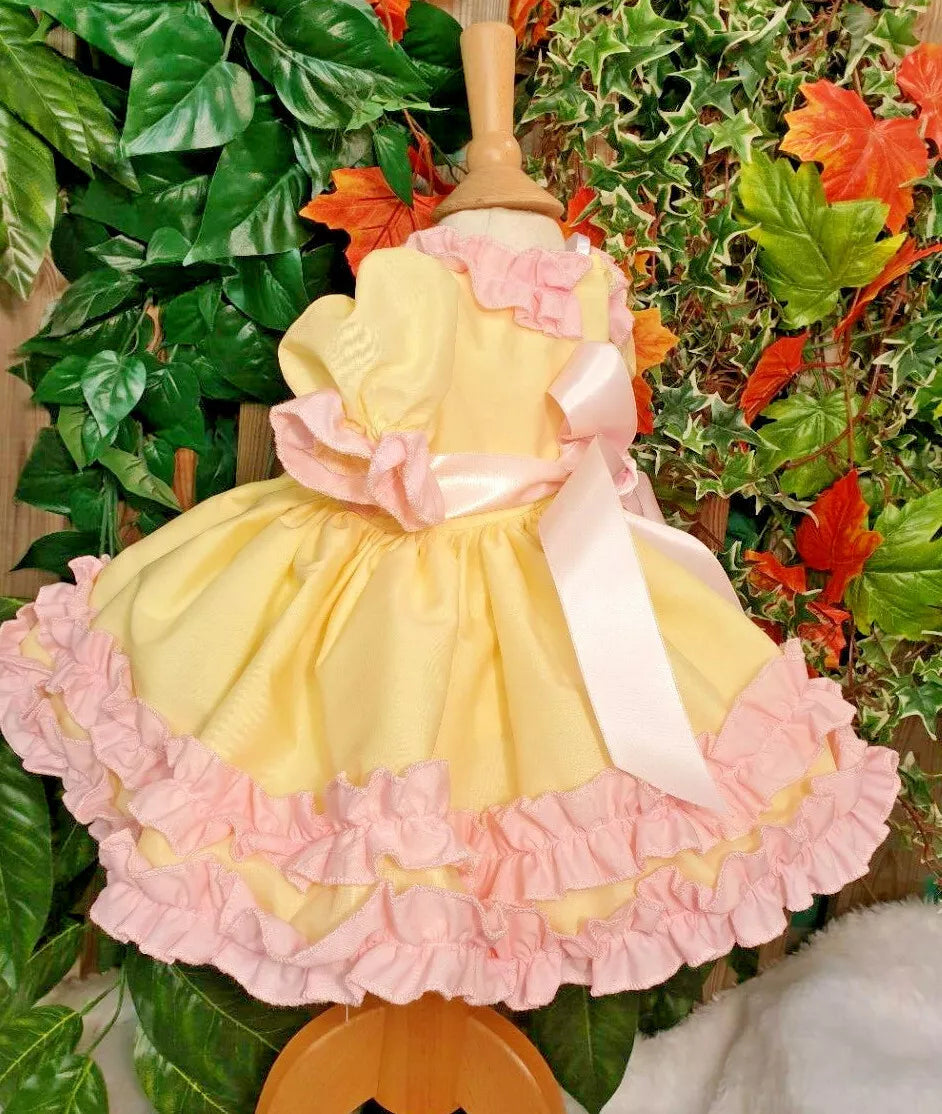 April lemon and pink ruffles twirly lined dress 0-7 years