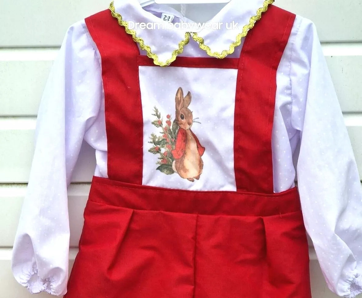 DREAM 0-5 years  BABY BOYS Red white  Peter rabbit Romany shirt  dungarees