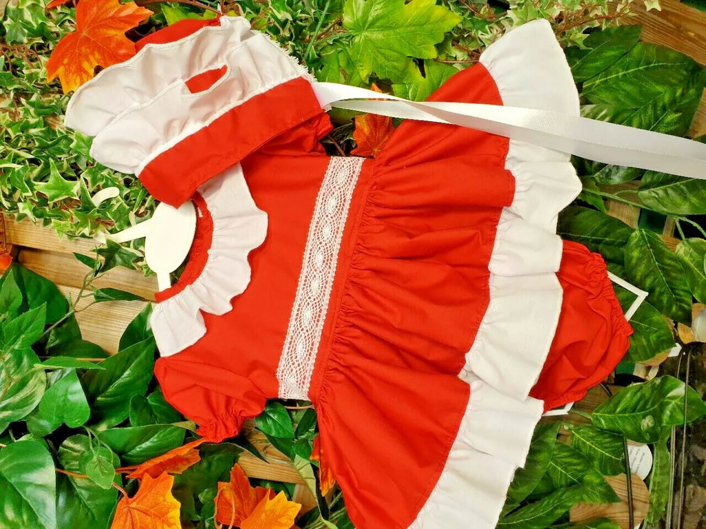 DREAM 0-7 years BABY GIRLS PINK OR RED WHITE short puffball dress pants bonnet