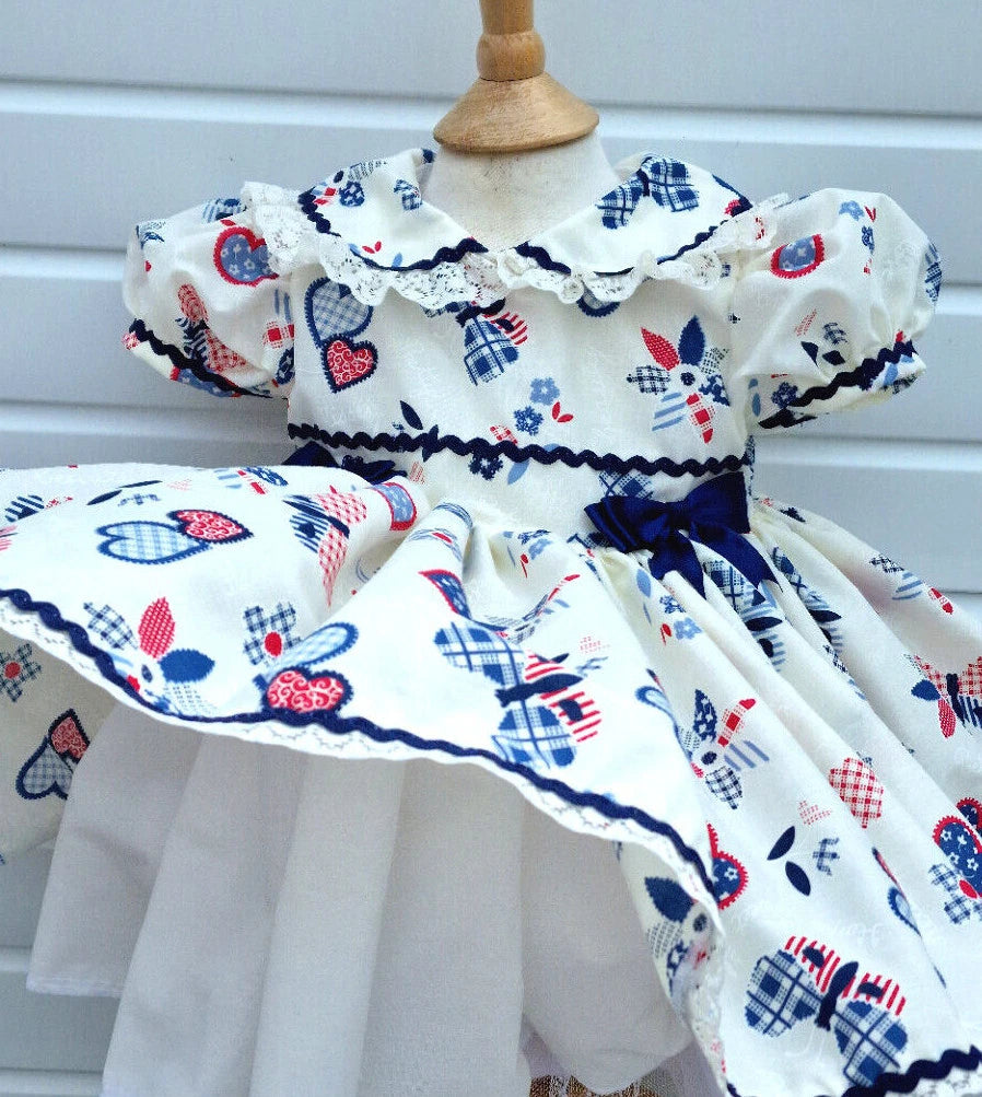 DREAM 0-8 years BABY GIRLS cream navy red hearts traditional romany twirly dress