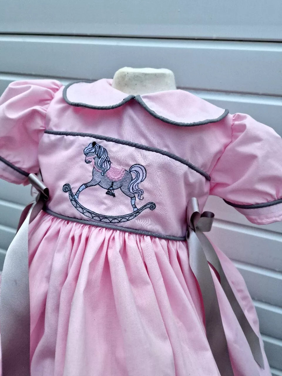 DREAM 0-8 years BABY GIRLS grey  pink rocking horse embroidered   lined dress