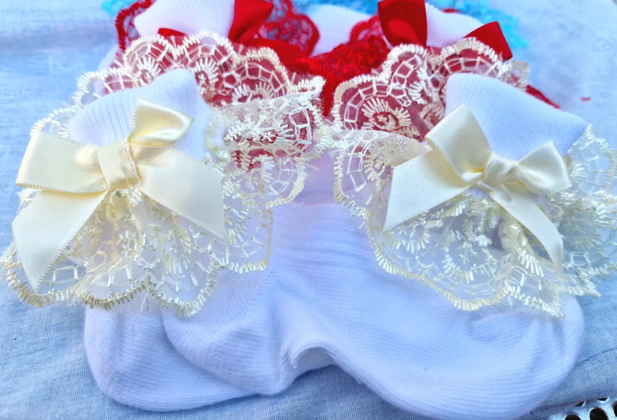 DREAM BABY GIRLS TRADITIONAL embroidered tulle and bow ankle socks ALL SIZES
