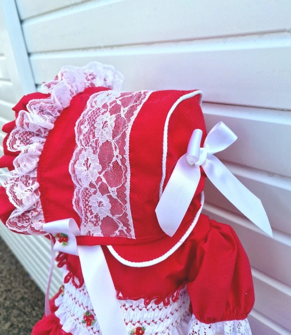 DREAM 0-5 years baby girl frilly traditional lined red white xmas  lined bonnet