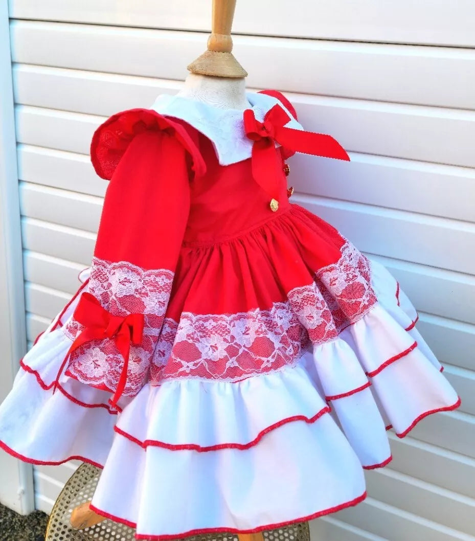 DREAM 0-8 years BABY GIRL Red Xmas puffball layered Romany Spanish frilly dress