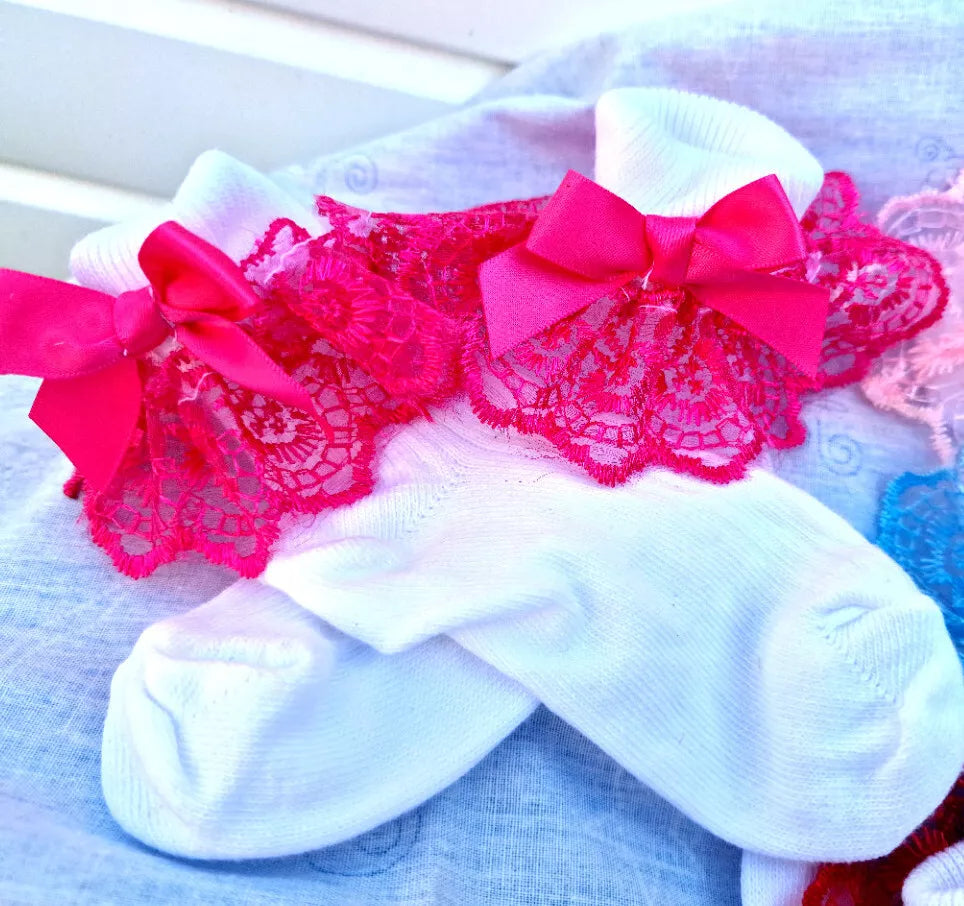 DREAM BABY GIRLS TRADITIONAL embroidered tulle and bow ankle socks ALL SIZES