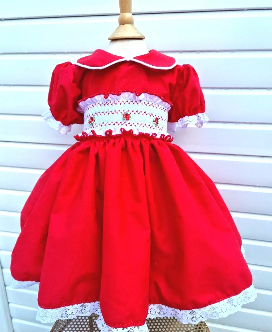 DREAM 0-8 years BABY GIRLS Red Xmas traditional Spanish  smocked lined  dress