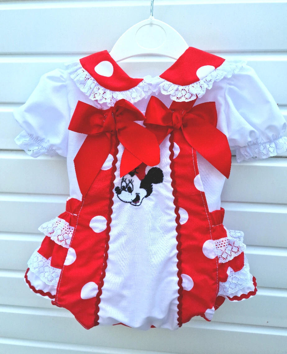 DREAM 0-6 years BABY GIRLSMINNE MOUSE BLOUSE AND FRILLY BUM ROMPER RED OR PINK
