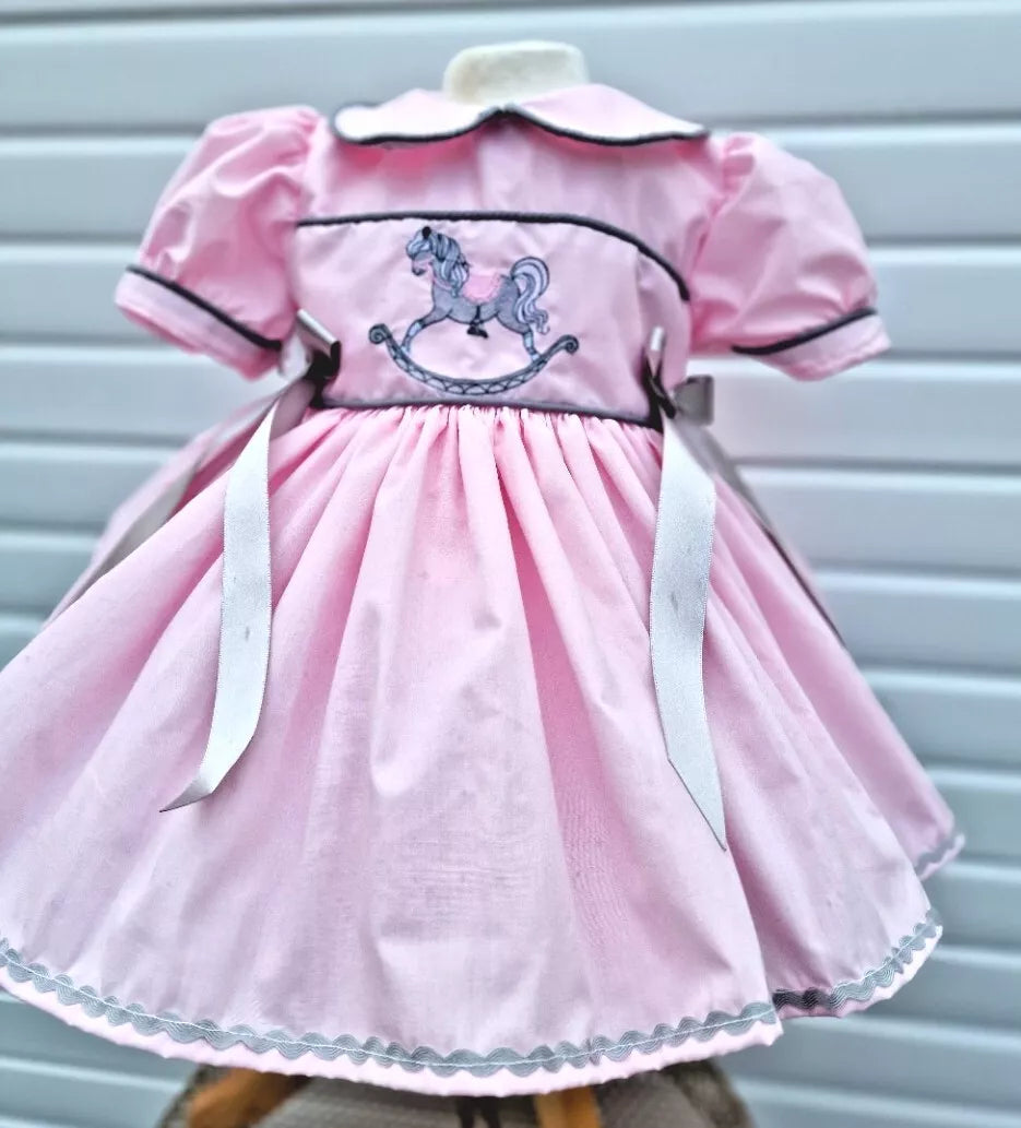 DREAM 0-8 years BABY GIRLS grey  pink rocking horse embroidered   lined dress