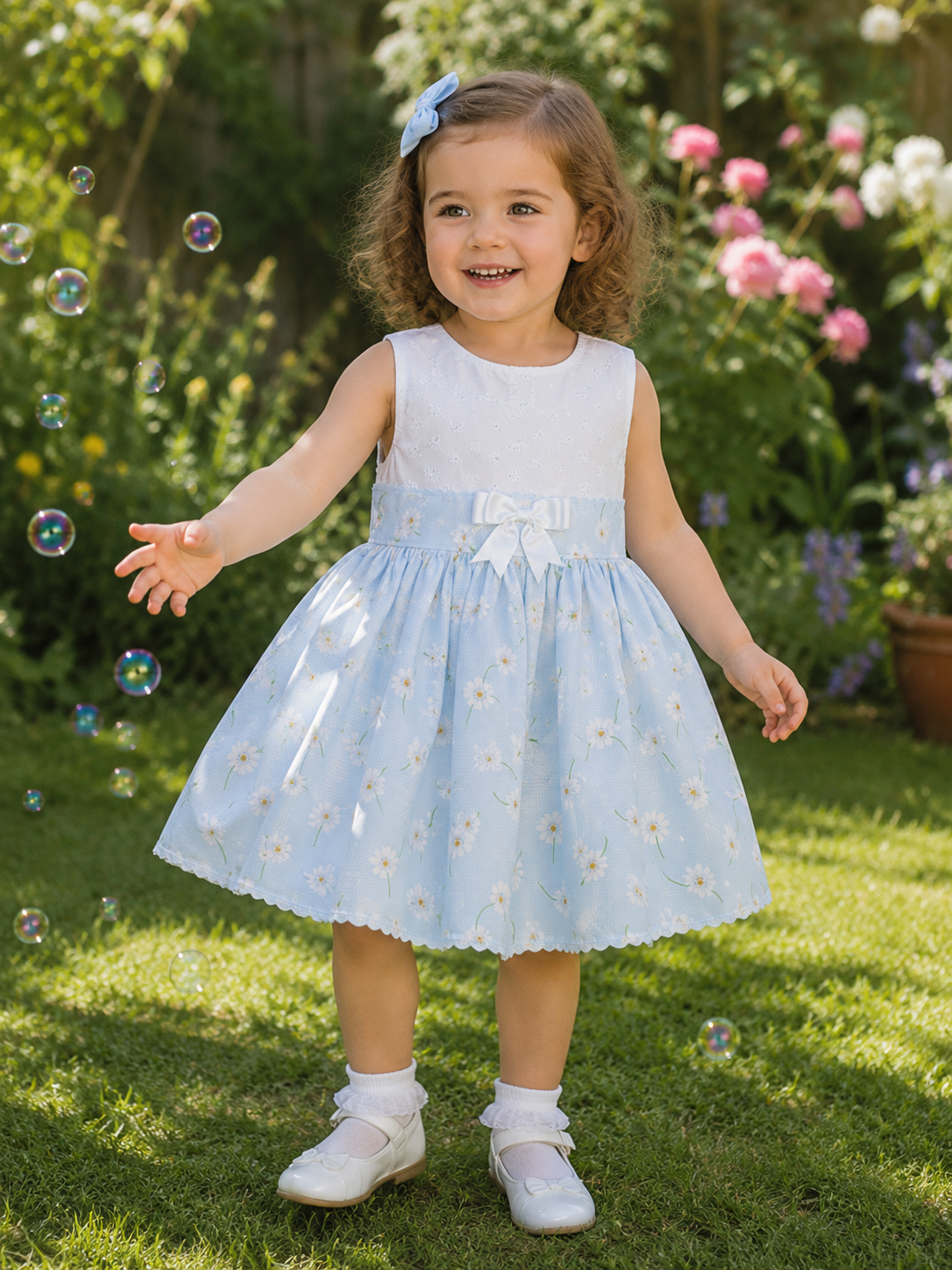 SALE 12-18 months  traditional sleeveless broderie sky blue print dress