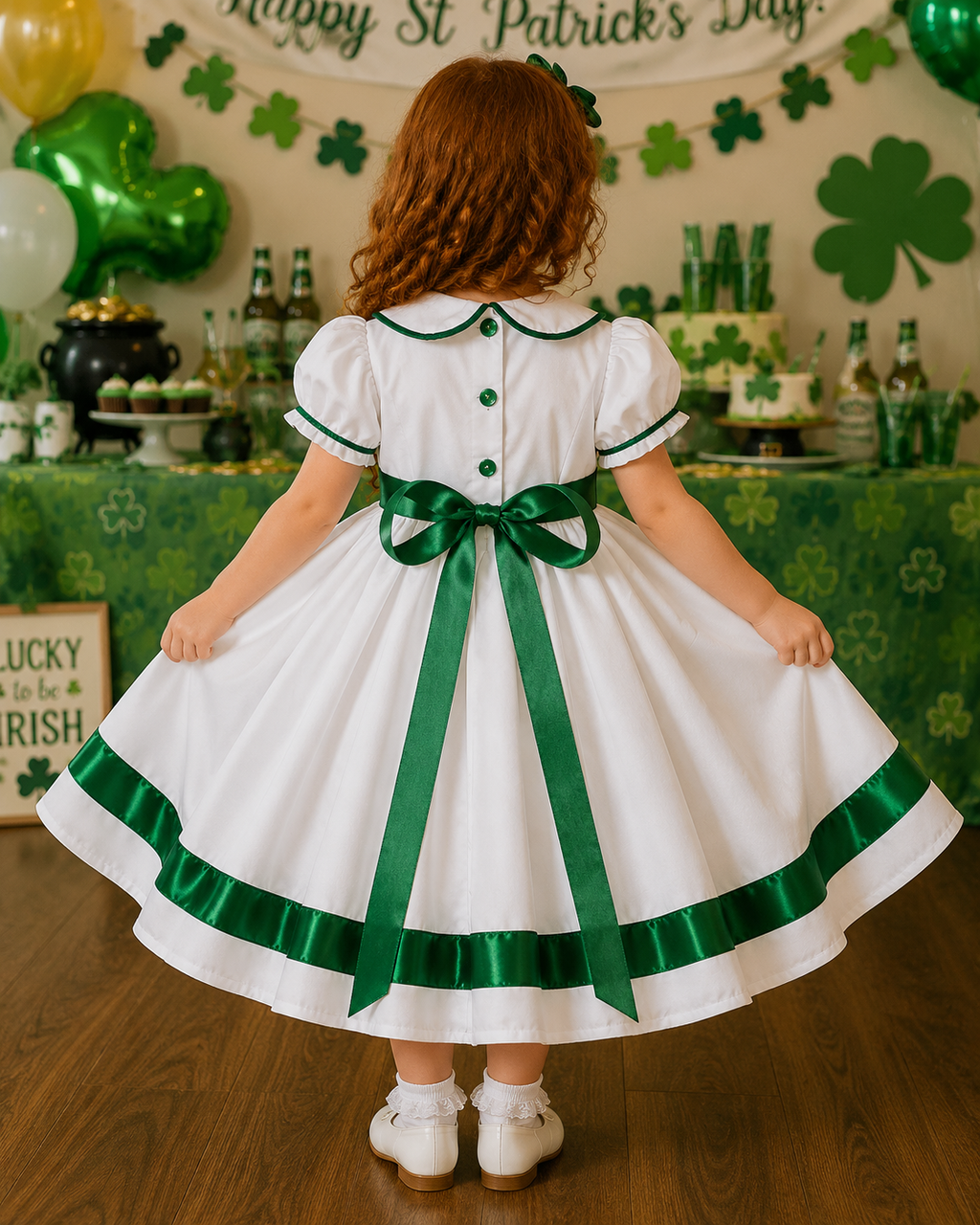 DREAM 0-8 years BABY GIRLS St Patricks day embroidered white emerald puffy dress