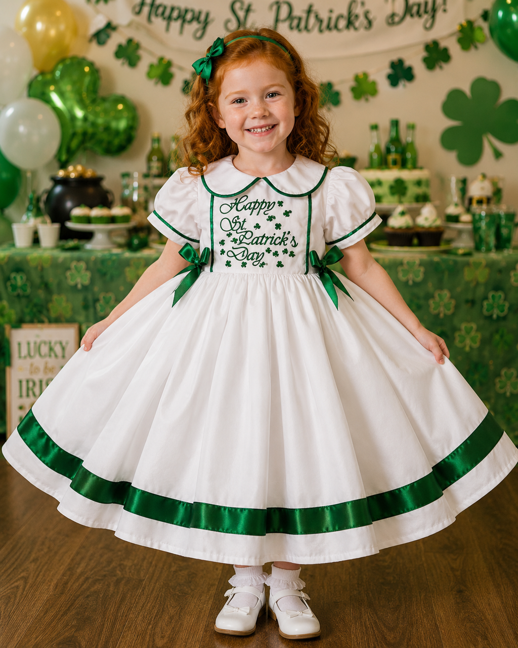 DREAM 0-8 years BABY GIRLS St Patricks day embroidered white emerald puffy dress