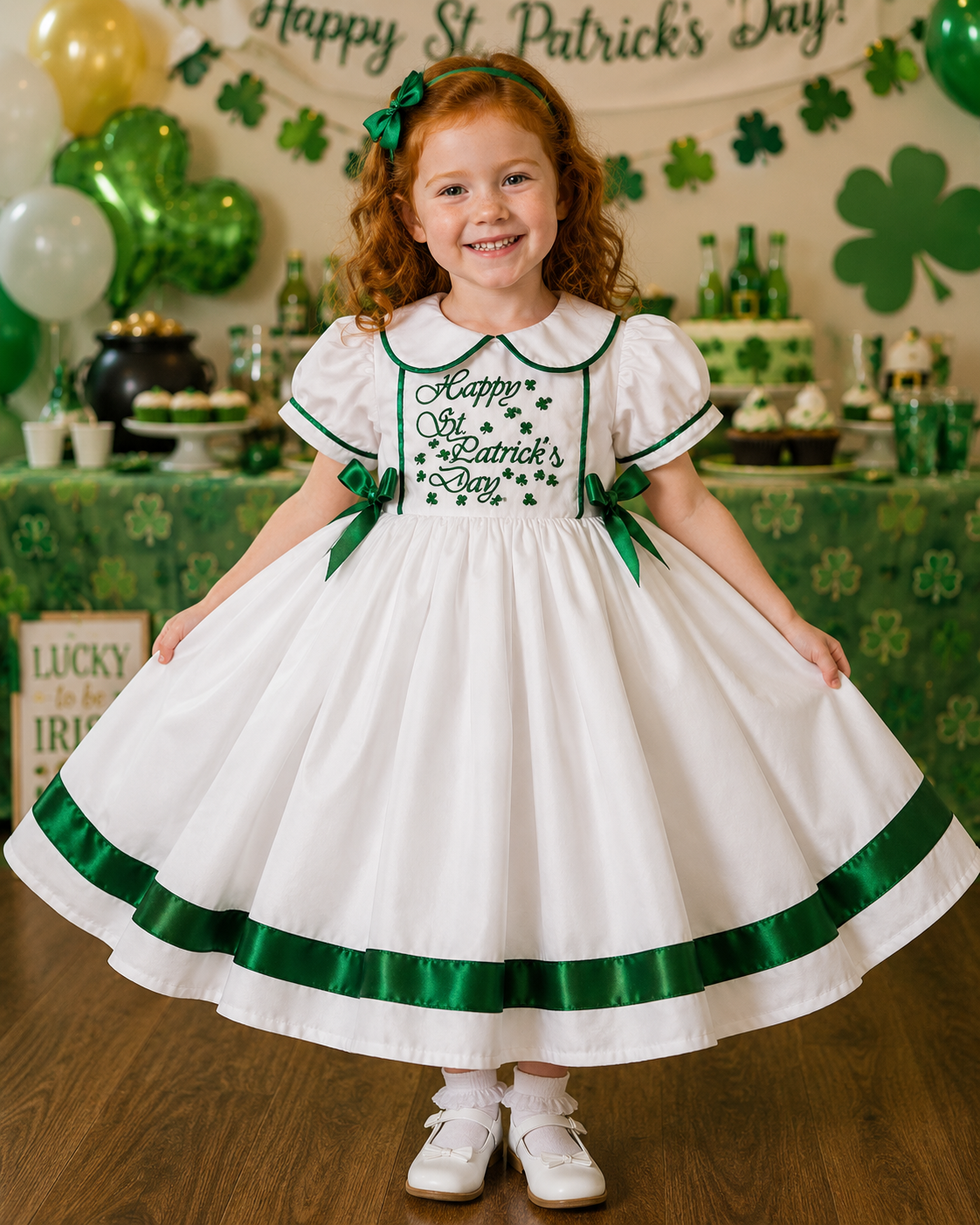 DREAM 0-8 years BABY GIRLS St Patricks day embroidered white emerald puffy dress