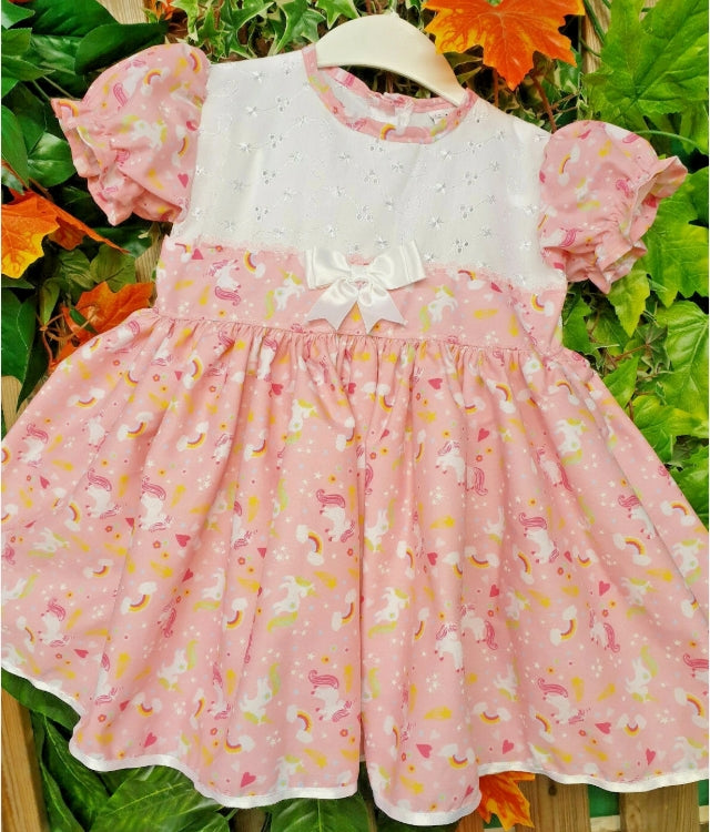SALE 6-12 months white pink unicorns traditional lined  dress