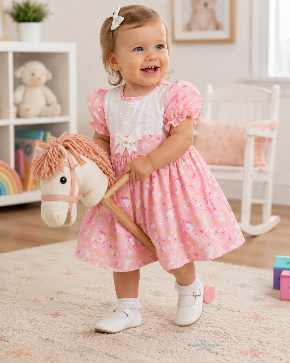 SALE 6-12 months white pink unicorns traditional lined  dress